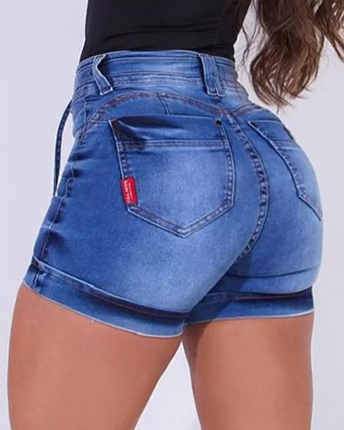 Drawstring High Waist Roll Cuff Denim Skinny Shorts