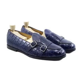 Drobak - Men's Blue Printed Crocodile Calf Leather Double Monkstrap