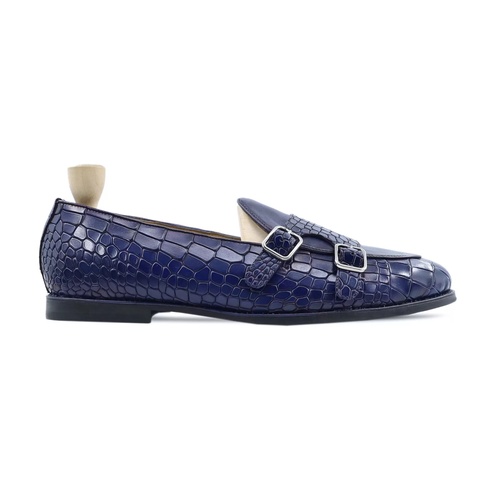 Drobak - Men's Blue Printed Crocodile Calf Leather Double Monkstrap