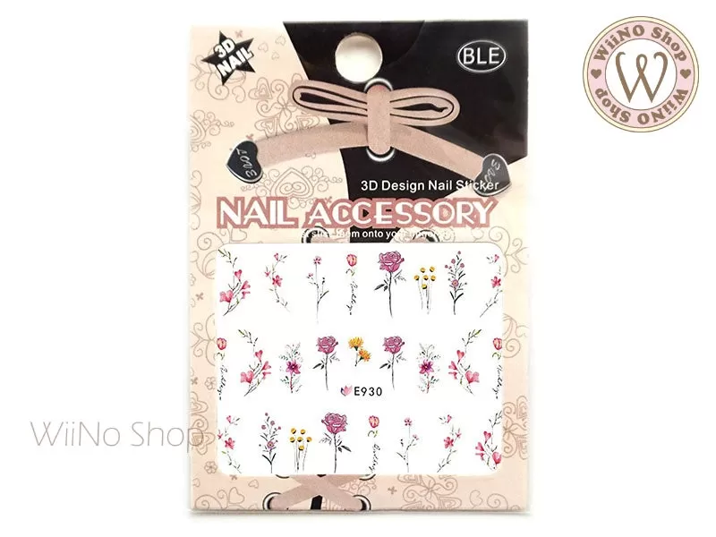 E929 Pink Flower Adhesive Nail Art Sticker - 1 pc