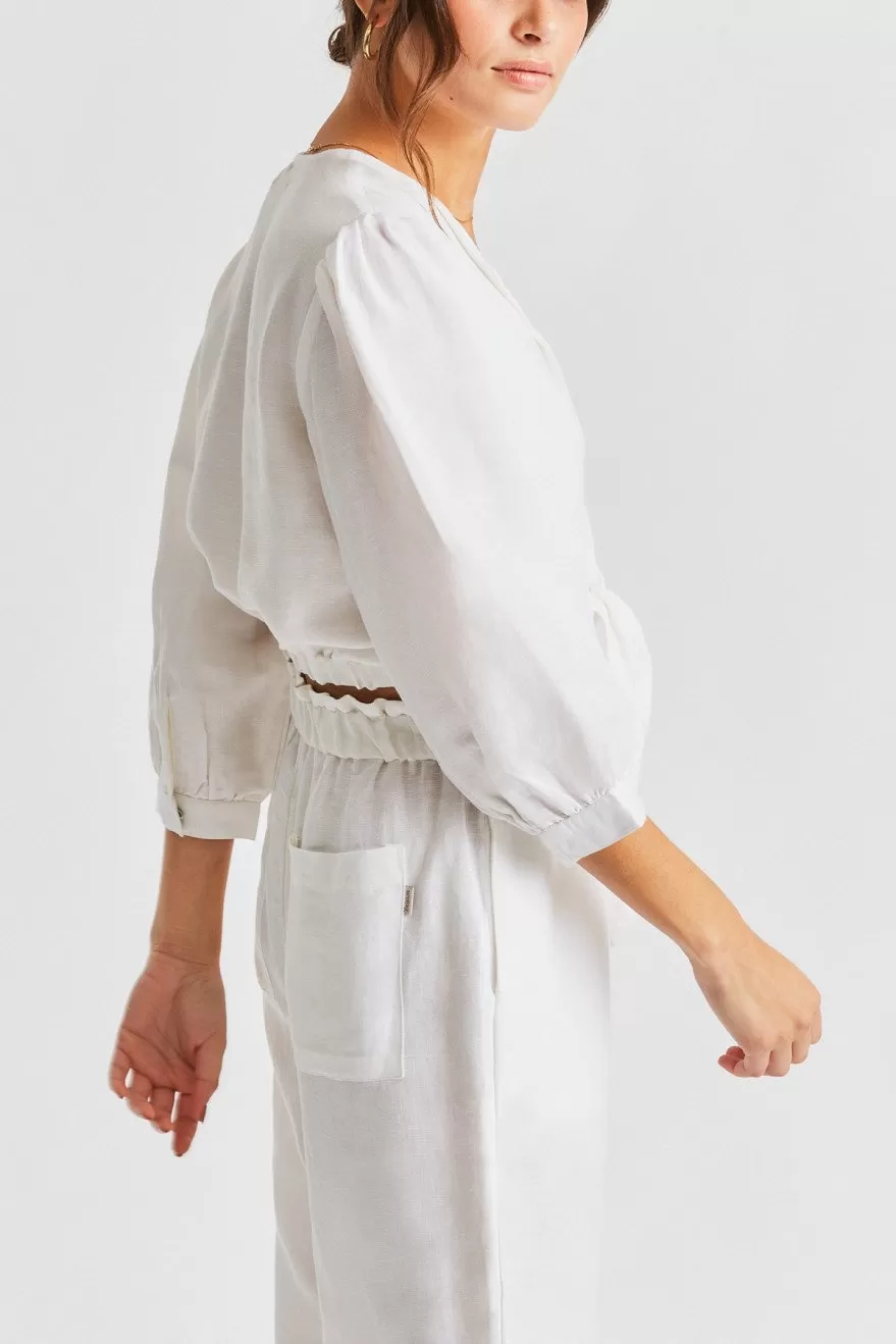 Eden Cropped Tie Front White Crop Sleeve Top