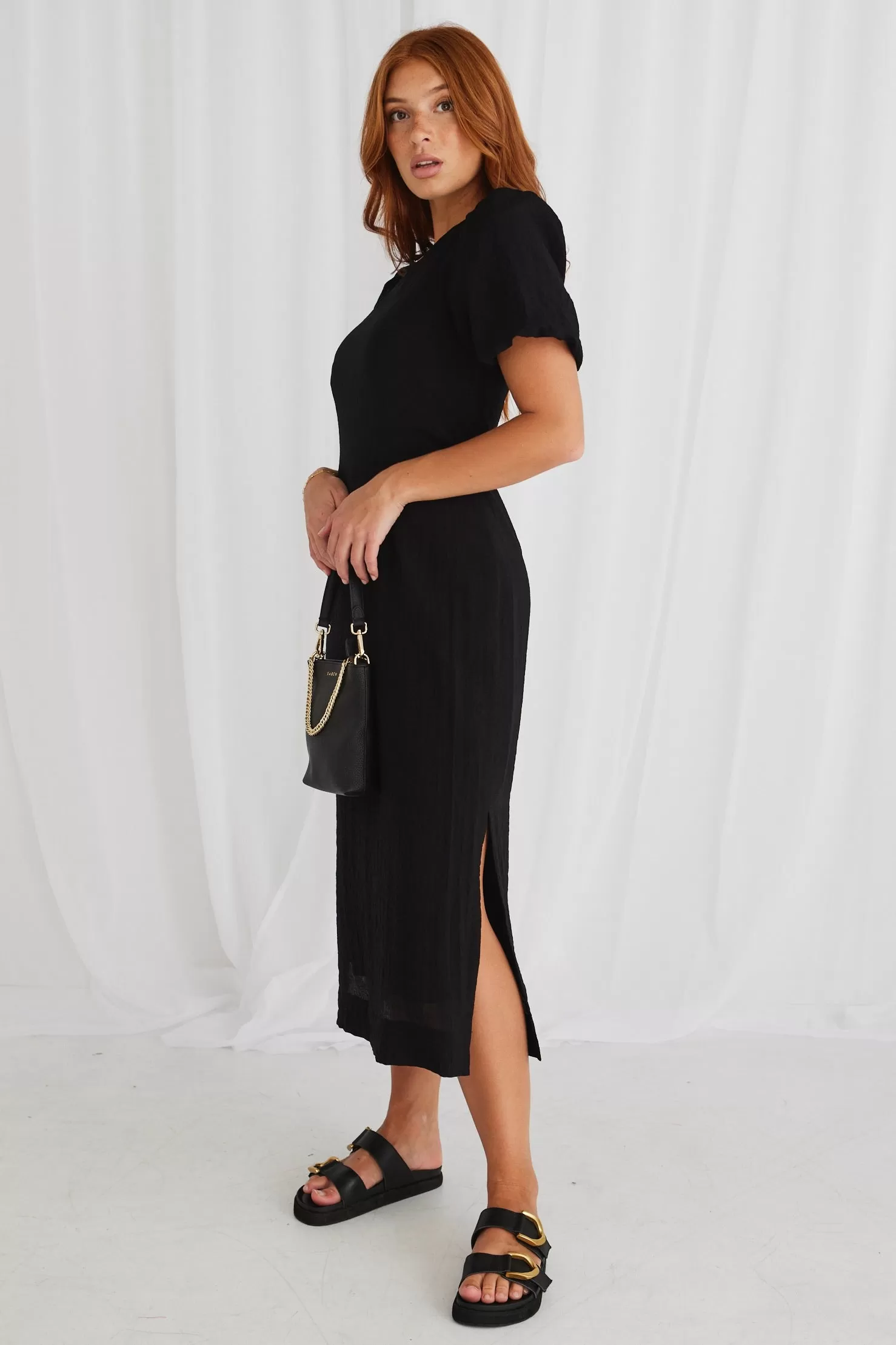 Elder Black Puff Sleeve Tie Midi Dress