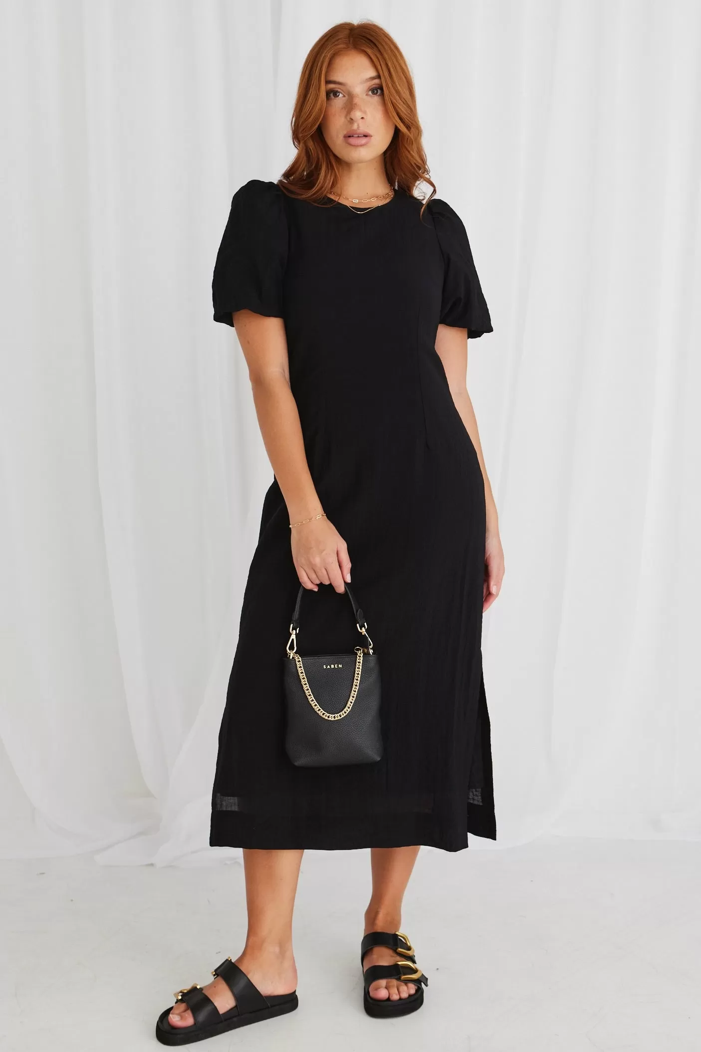 Elder Black Puff Sleeve Tie Midi Dress