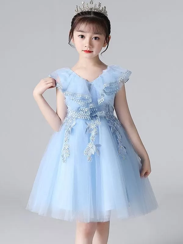 Elegant Purple Flower Girl Dresses V-Neck Sleeveless Tulle Lace Kids Party Dresses