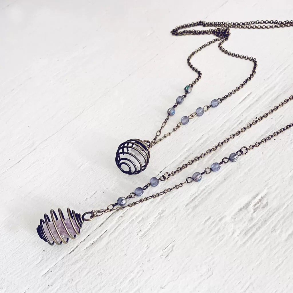 encapsulate // caged amethyst or quartz crystal gemstone necklace