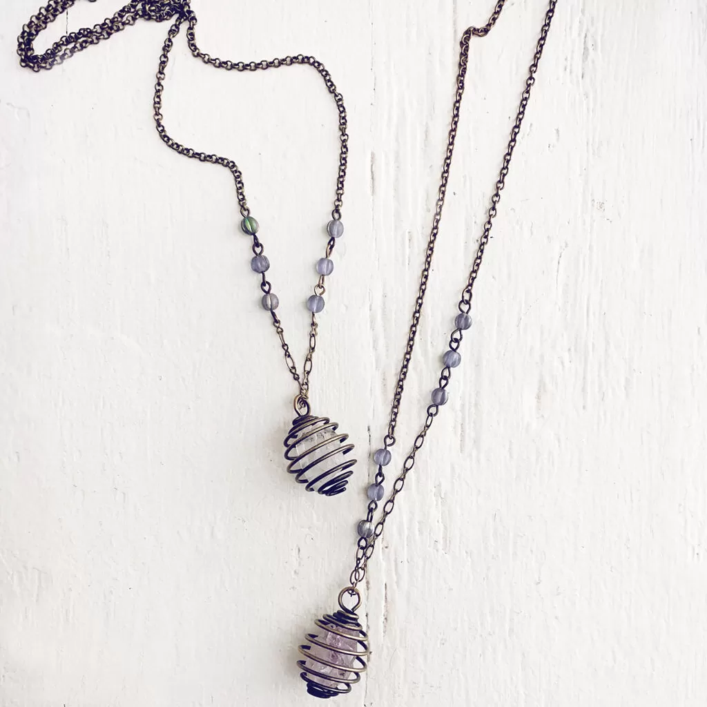 encapsulate // caged amethyst or quartz crystal gemstone necklace