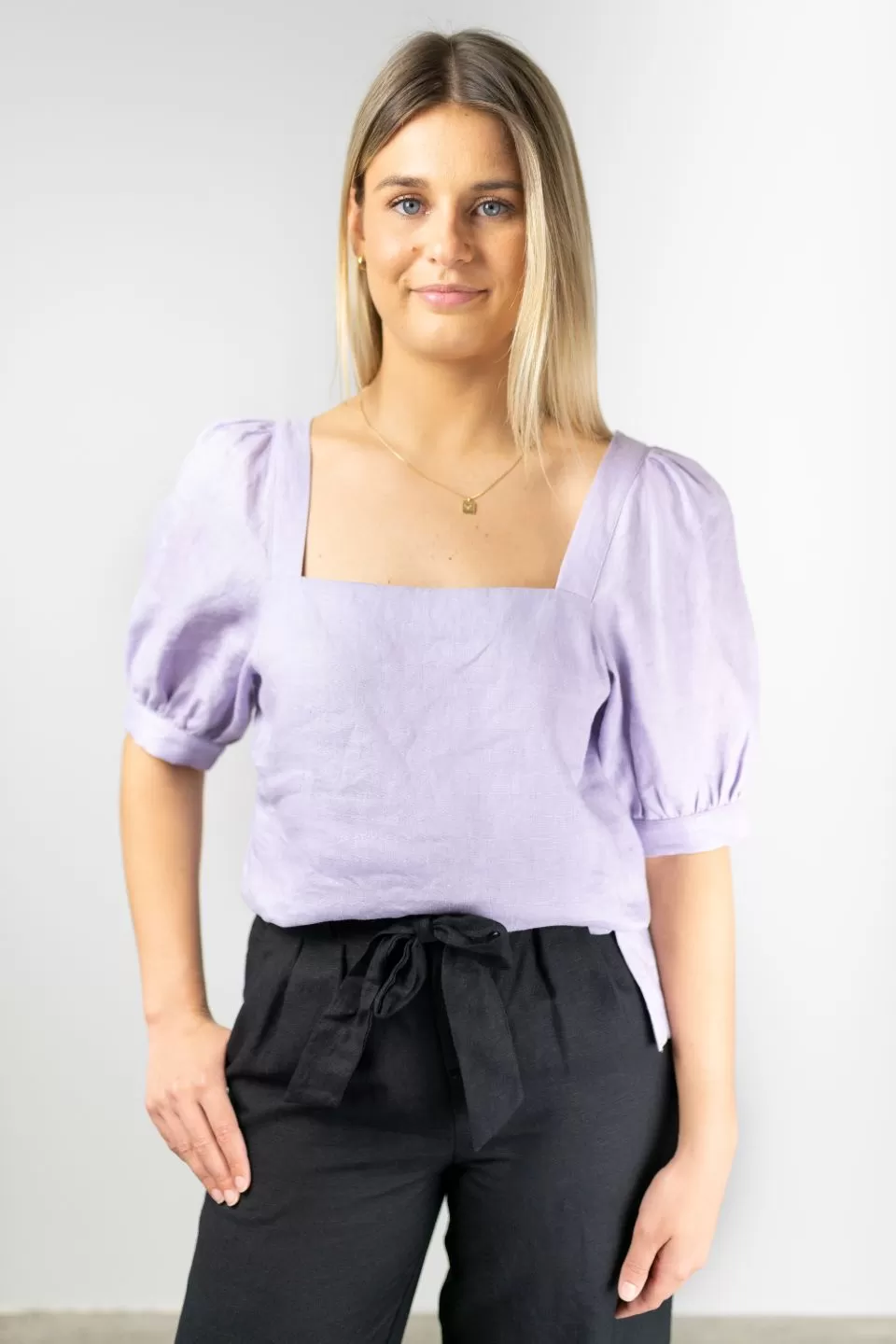 Eternal Square Neck Lilac Puff Sleeve Linen Crop Top