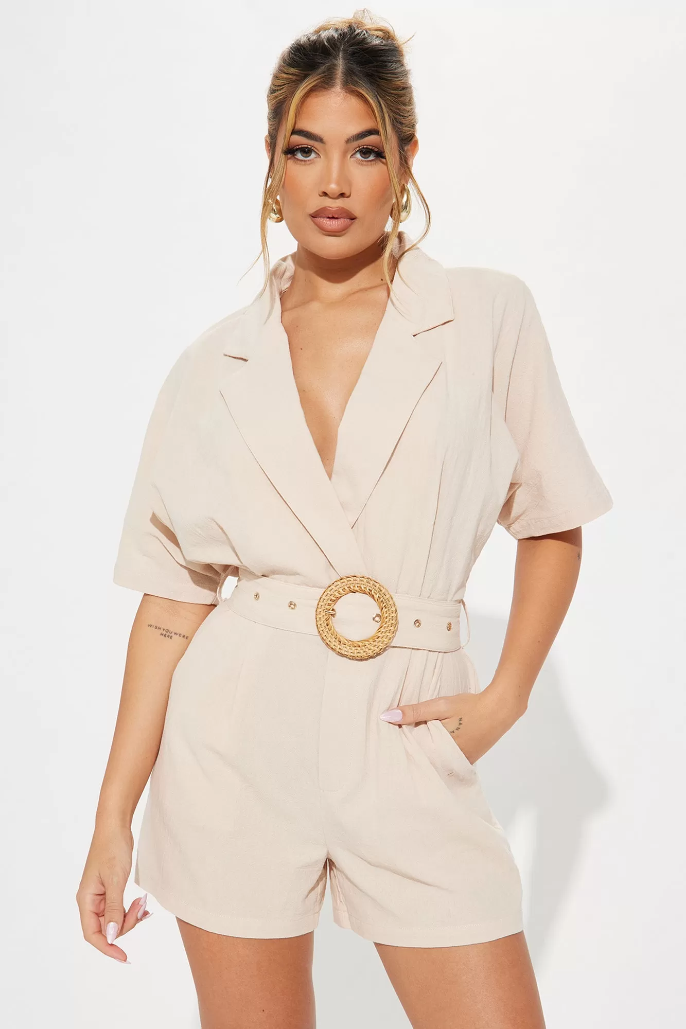 Everything Is Better Linen Romper - Taupe