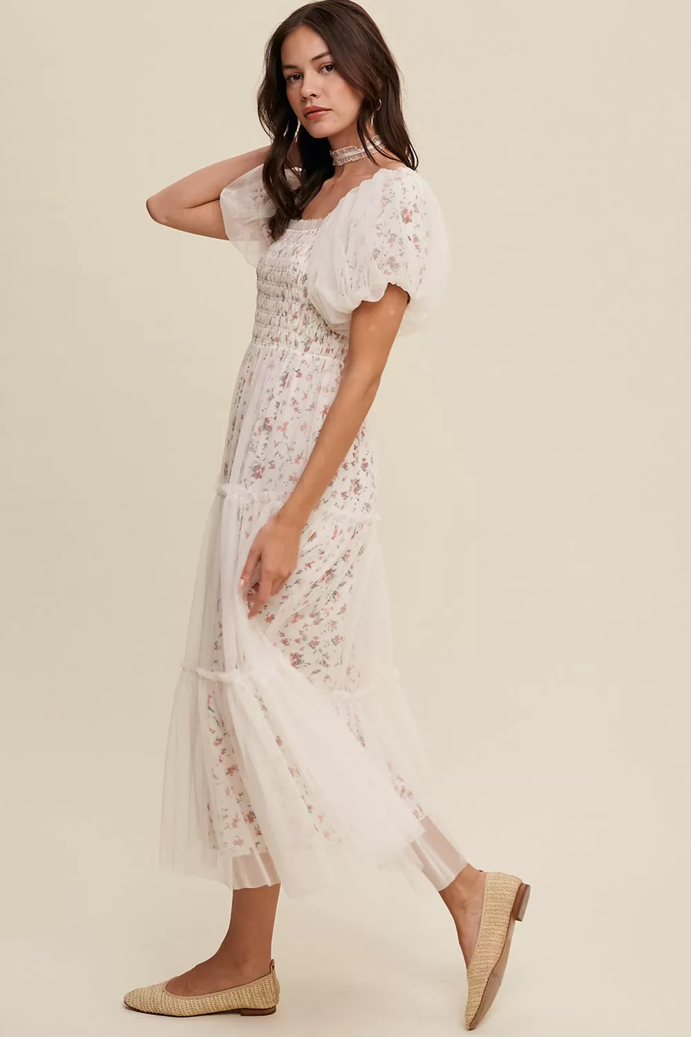 Floral Print   Mesh Puff Sleeve Maxi Dress