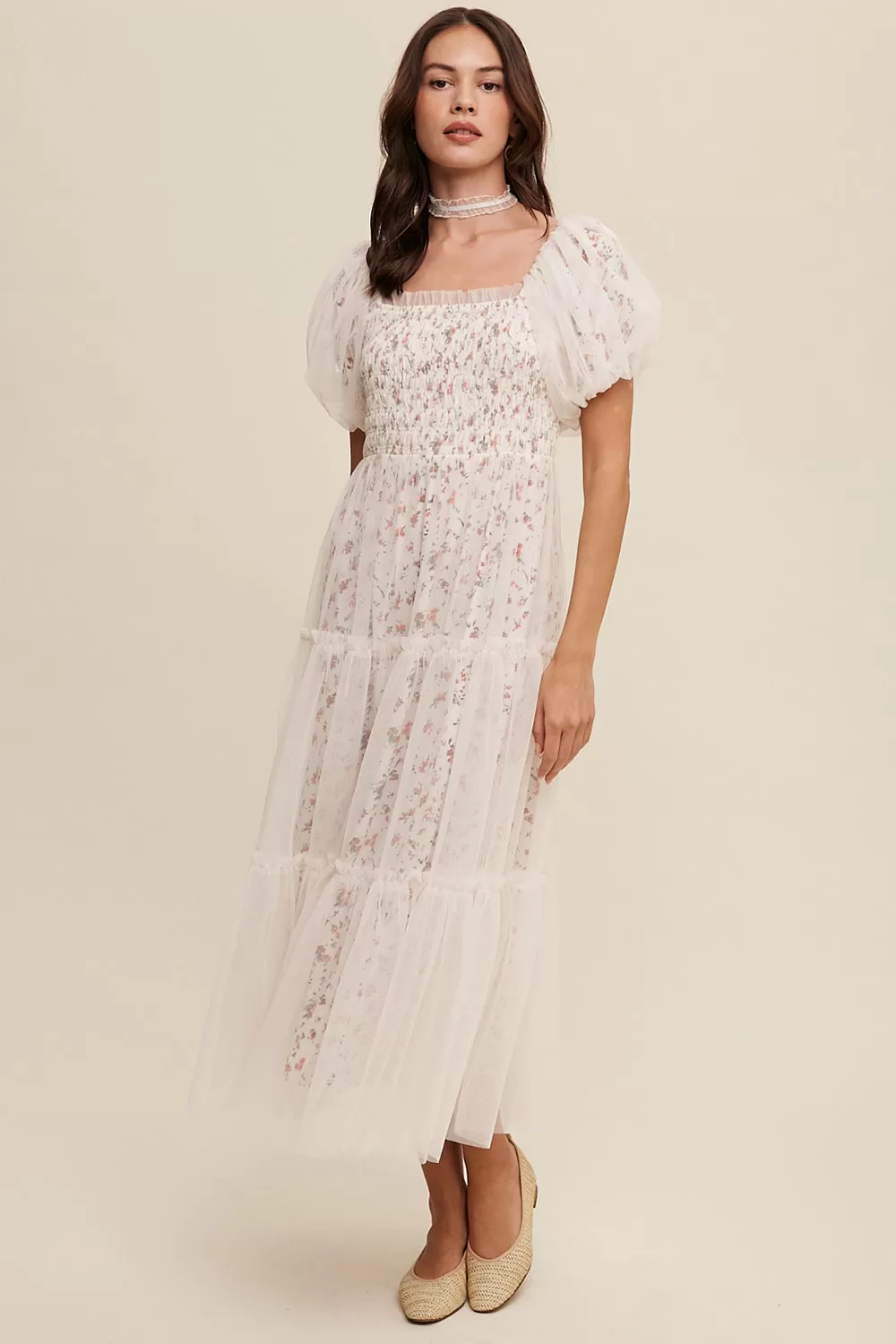 Floral Print   Mesh Puff Sleeve Maxi Dress