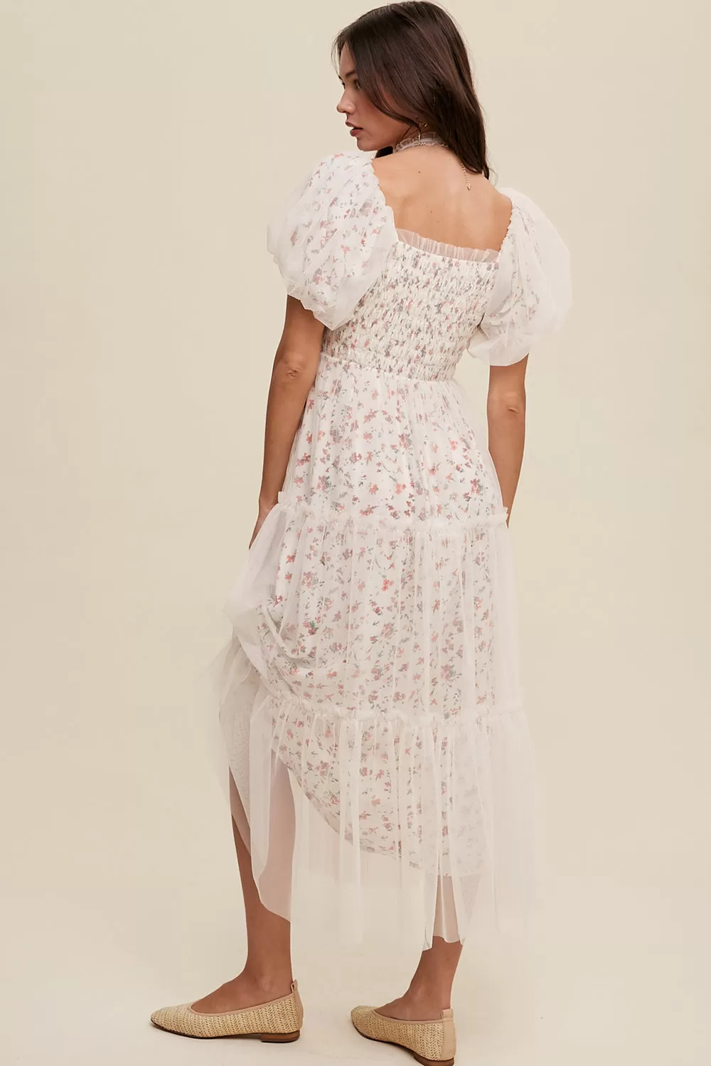 Floral Print   Mesh Puff Sleeve Maxi Dress