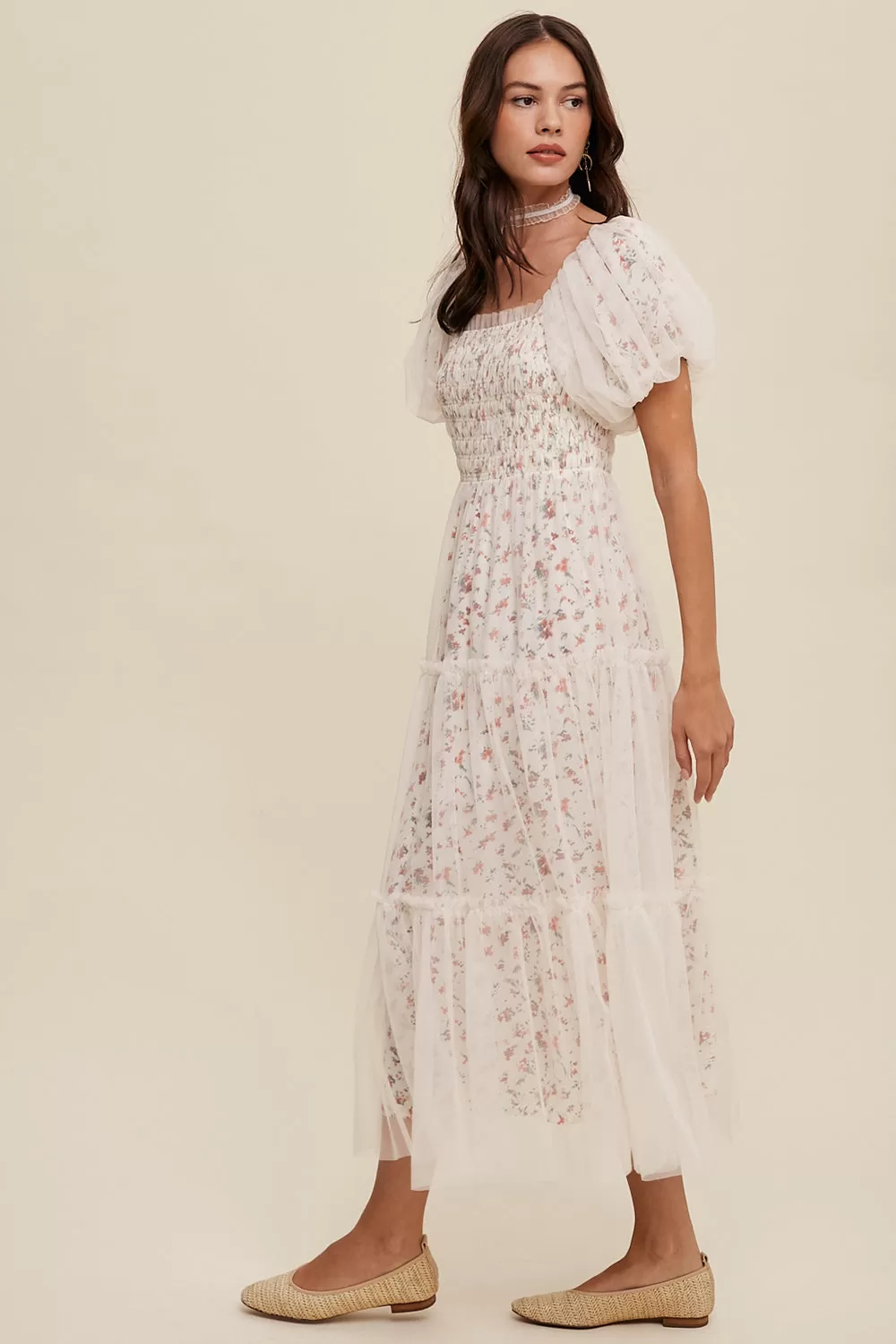 Floral Print   Mesh Puff Sleeve Maxi Dress