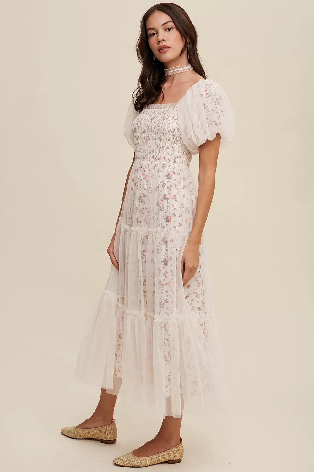 Floral Print   Mesh Puff Sleeve Maxi Dress