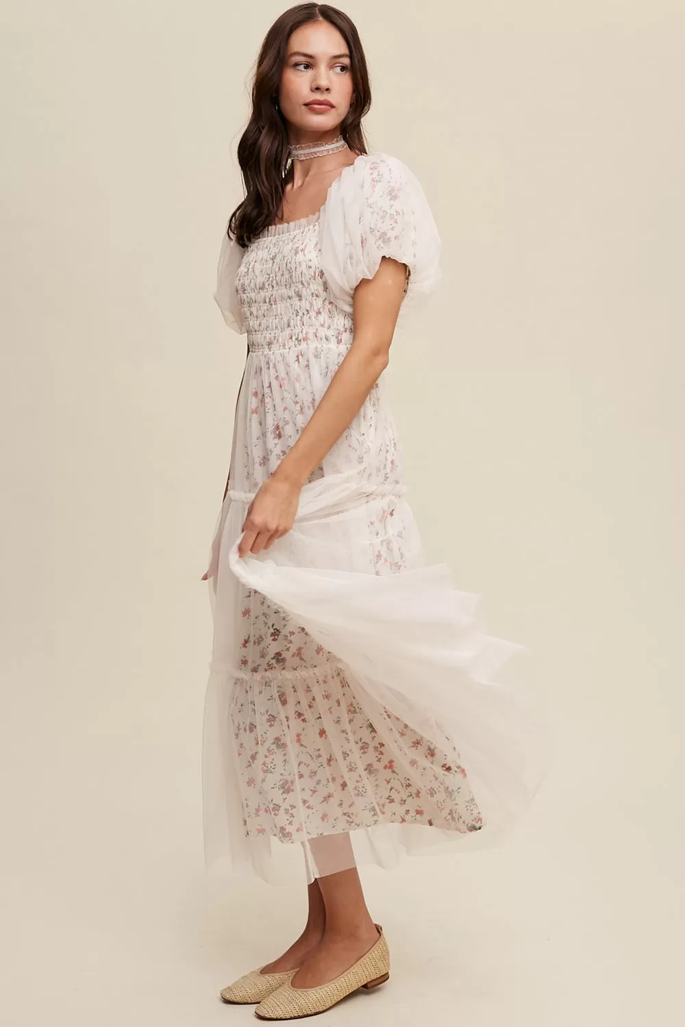 Floral Print   Mesh Puff Sleeve Maxi Dress