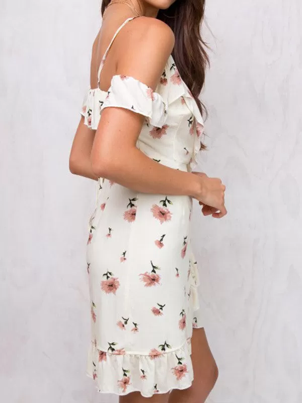 Floral Ruffle Cold Shoulder Summer Mini Dress