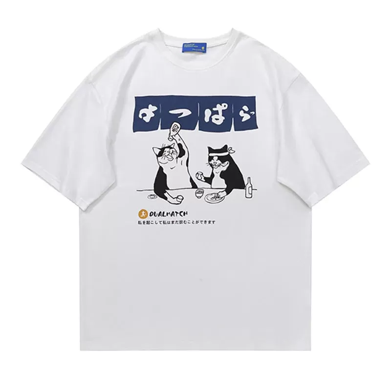 Funny Oversized T-Shirt With Drinking Cats