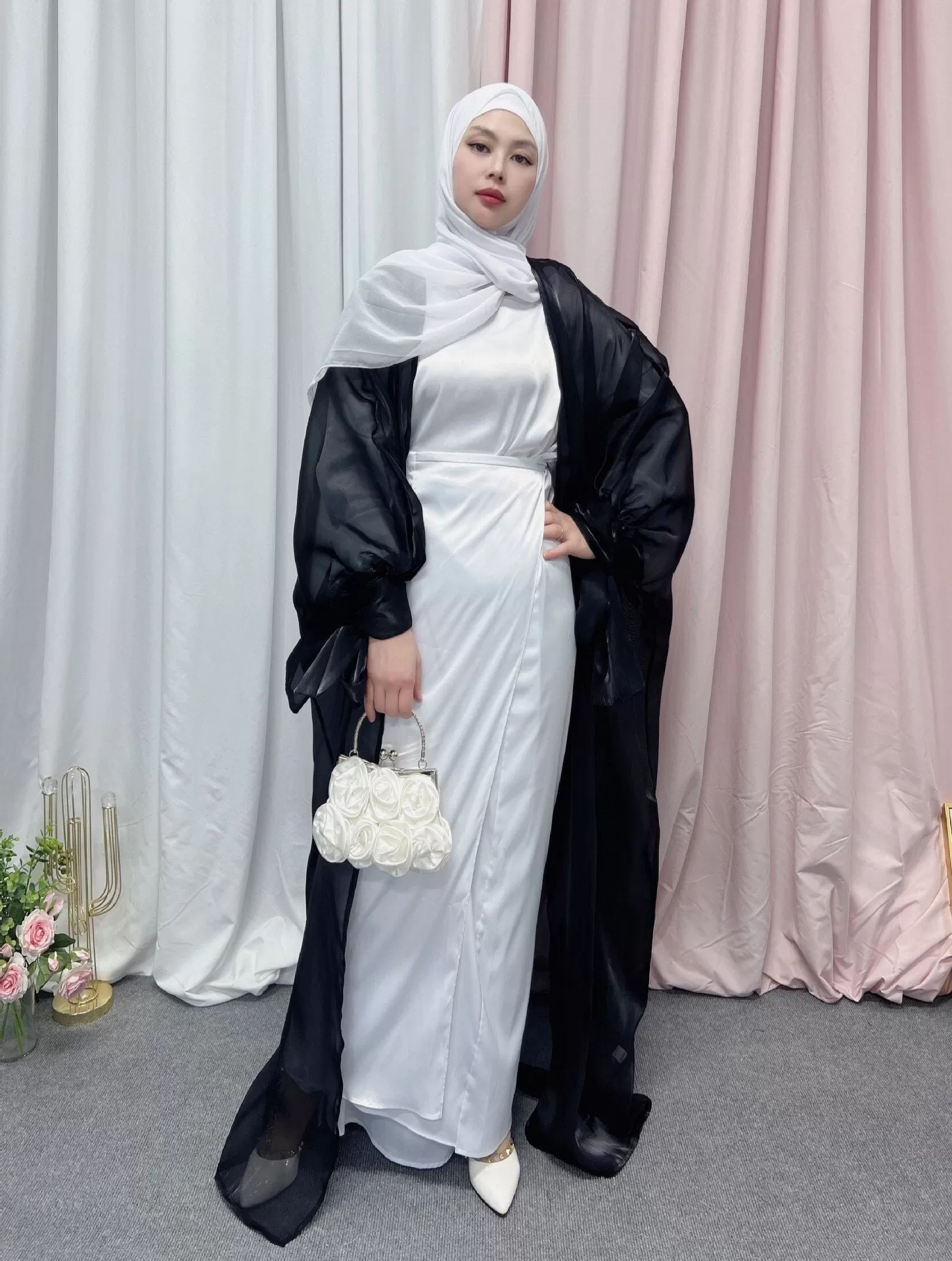 Getadme Fashion Islamic Clothing Dubai Abaya Muslim Dress Organza Shining Polyester Front Open Abaya