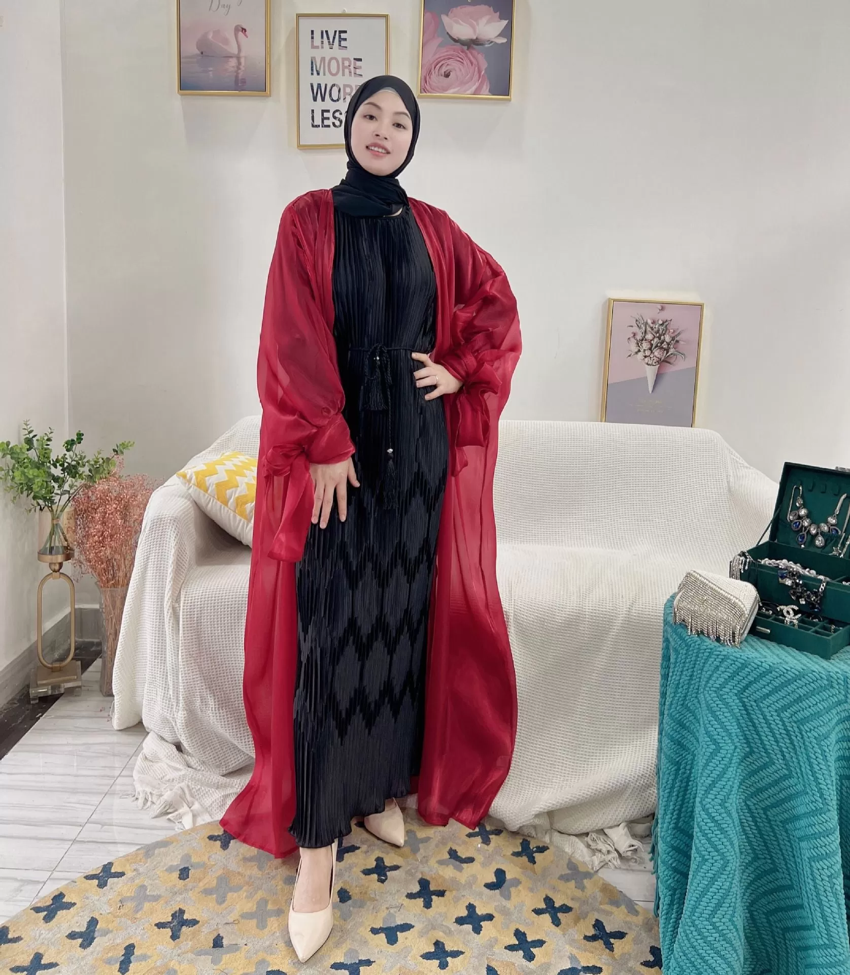 Getadme Fashion Islamic Clothing Dubai Abaya Muslim Dress Organza Shining Polyester Front Open Abaya