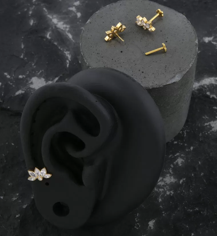 Gold PVD Lotus Flower Clear CZ Threadless Titanium Flower Back Labret