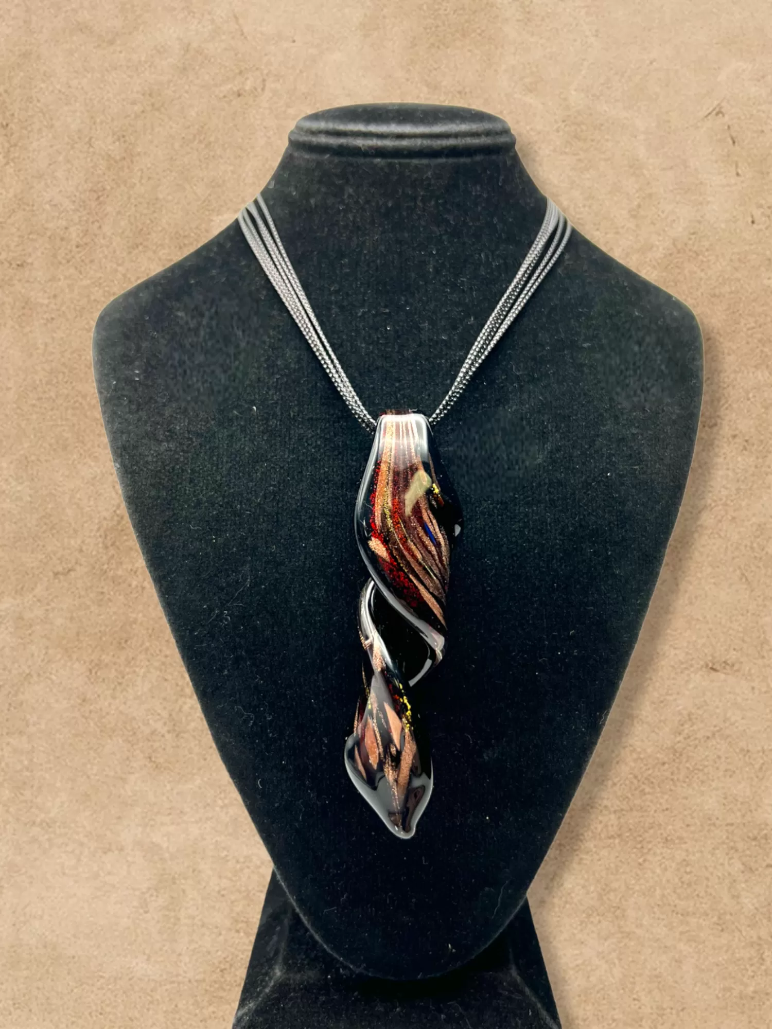 Gold, Red and Black Murano Glass Swirl Pendant Necklace on Black Multi-Strand Cord