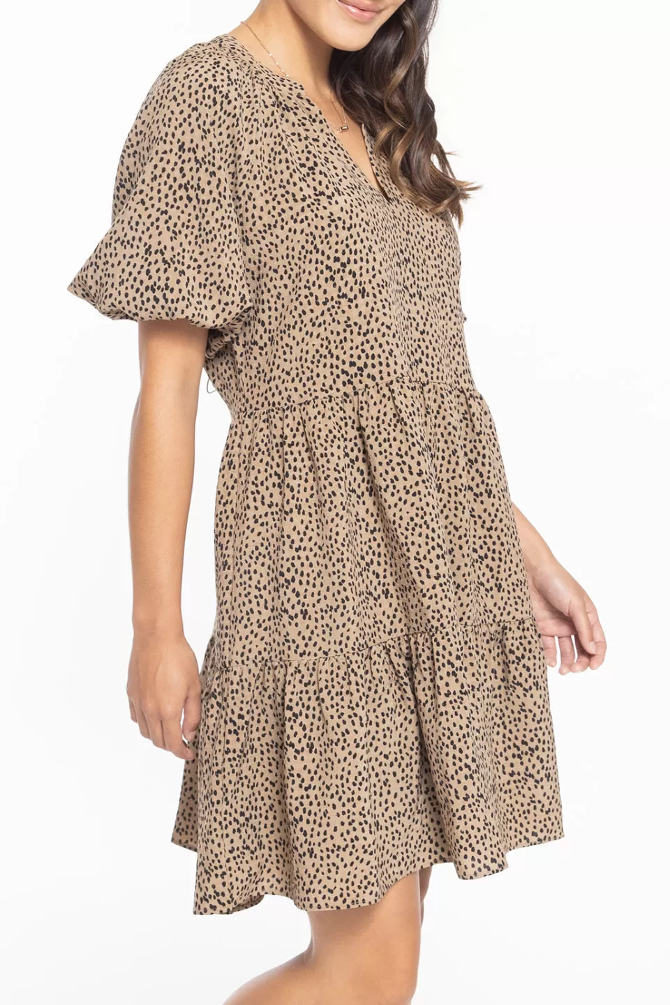 Grateful Tan Leopard Puff Sleeve Tiered Mini Dress