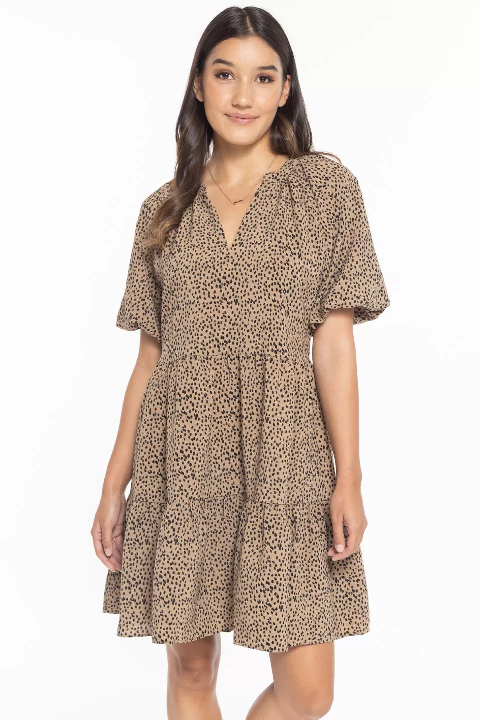 Grateful Tan Leopard Puff Sleeve Tiered Mini Dress