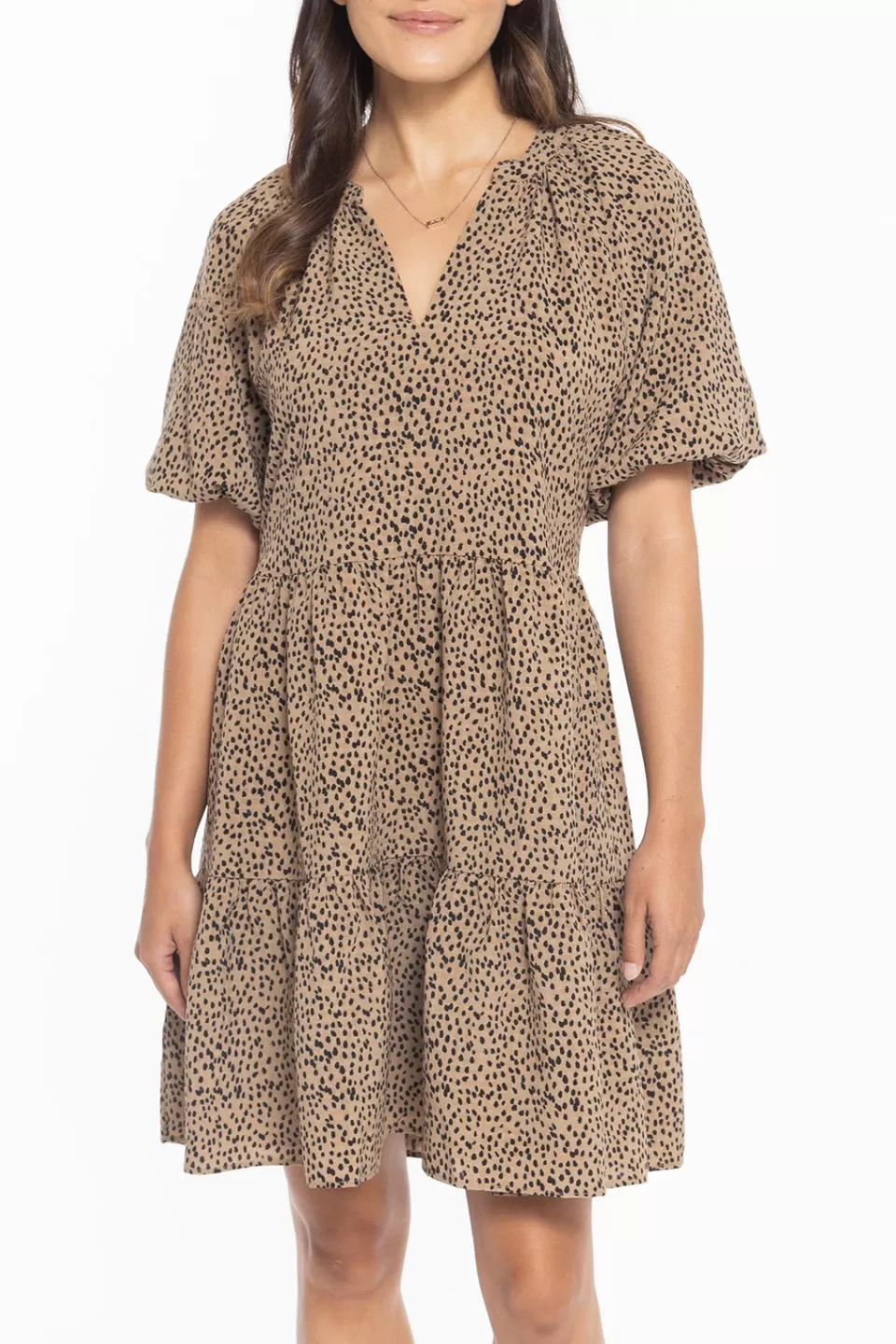 Grateful Tan Leopard Puff Sleeve Tiered Mini Dress