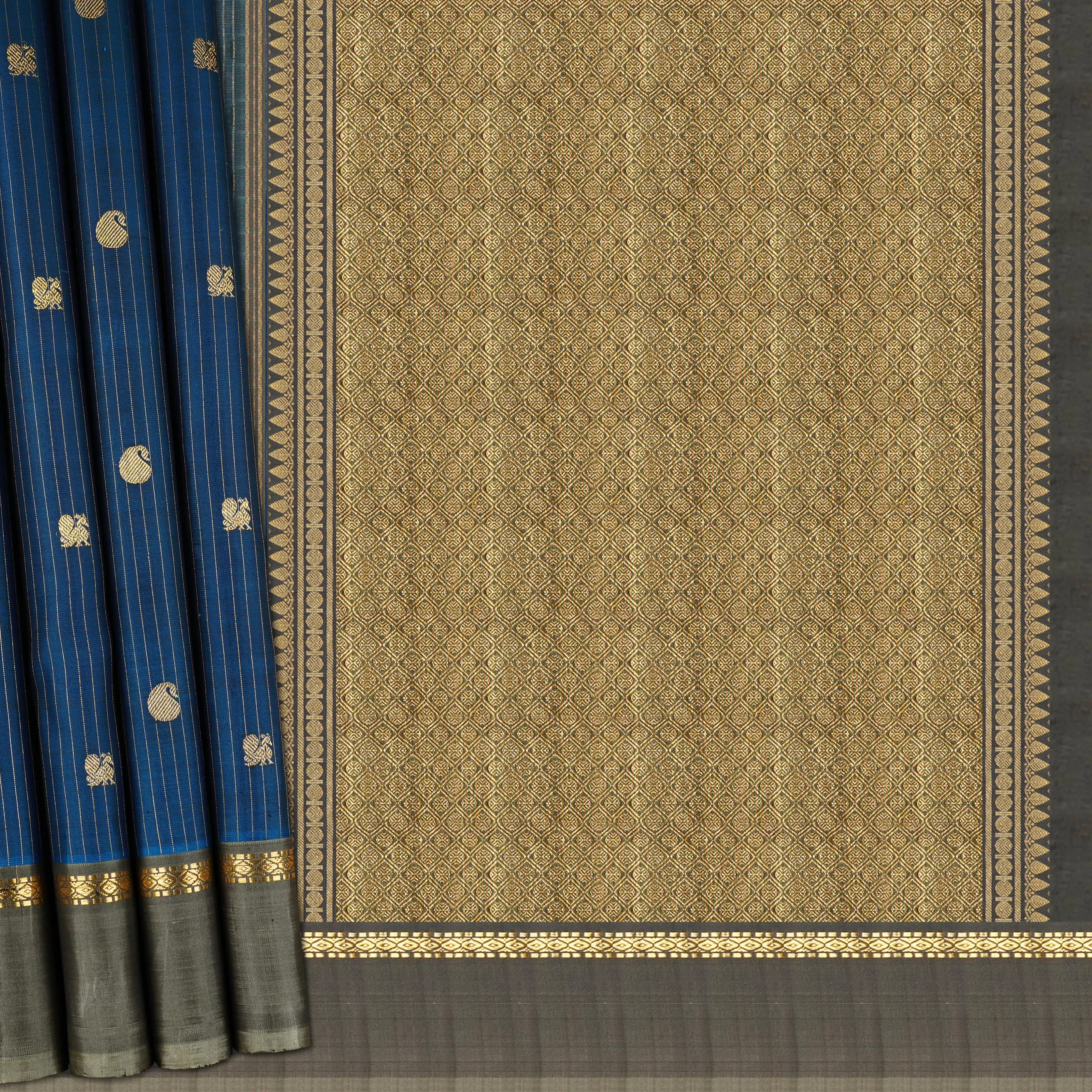 Handwoven Blue with Olive Green Kanjivaram Silk Saree - 1941T009066DSC