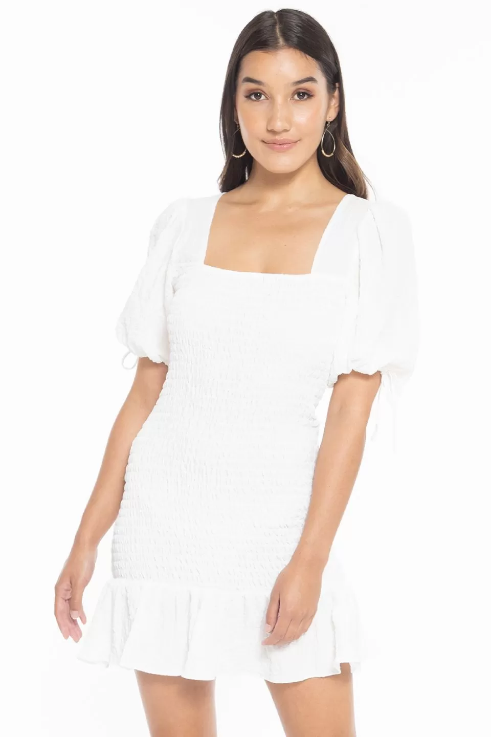 Harper White Square Neck Shirred SS Mini Dress