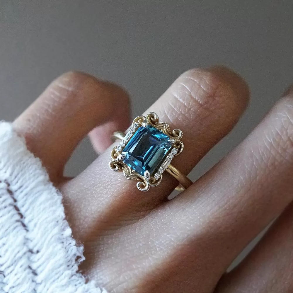 Isis London Blue Topaz Scroll Diamond Ring in 14K and 18K Gold