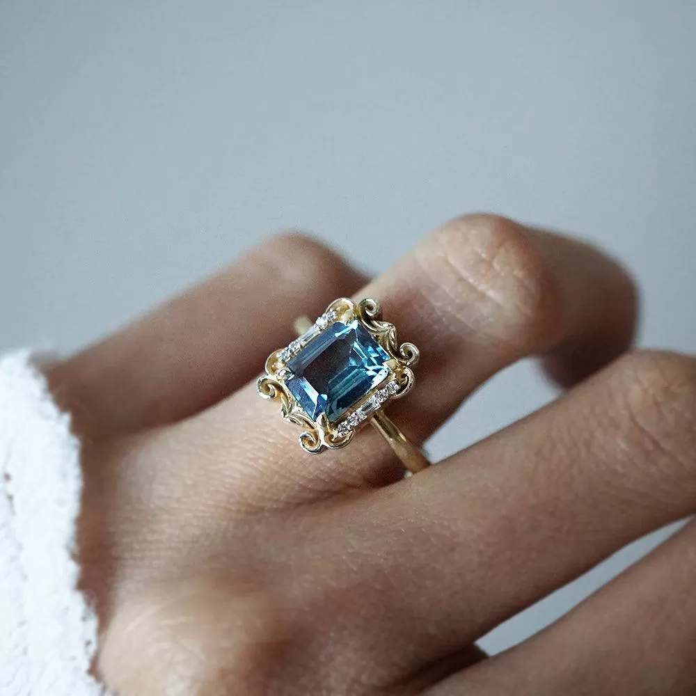 Isis London Blue Topaz Scroll Diamond Ring in 14K and 18K Gold