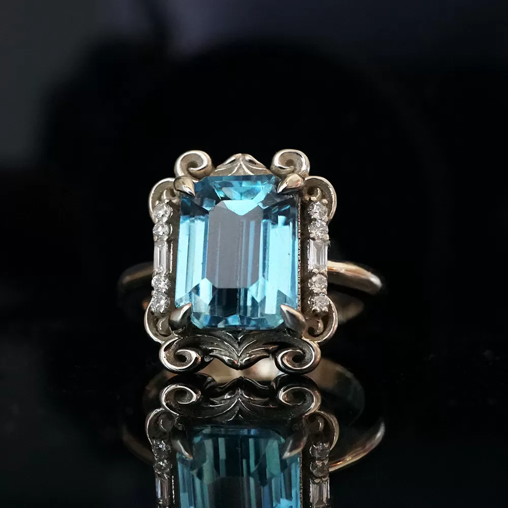 Isis London Blue Topaz Scroll Diamond Ring in 14K and 18K Gold