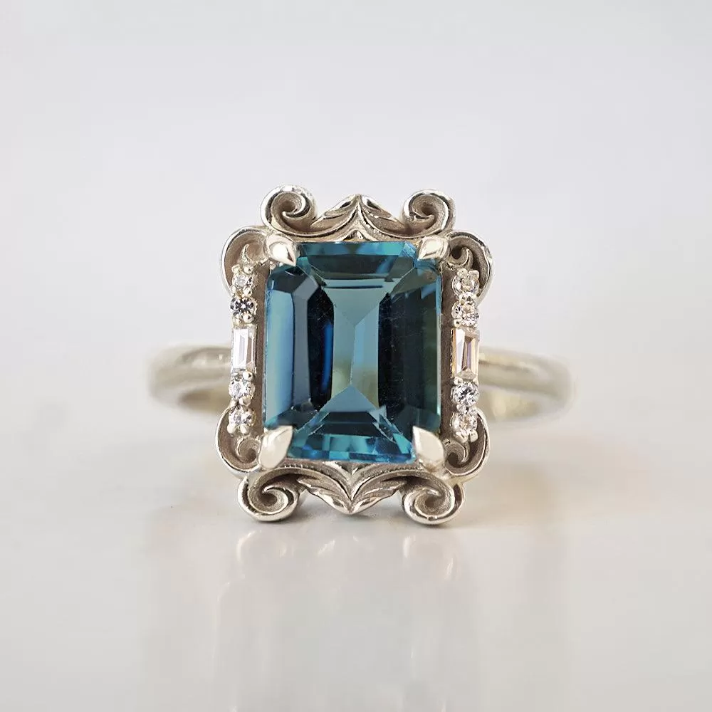 Isis London Blue Topaz Scroll Diamond Ring in 14K and 18K Gold