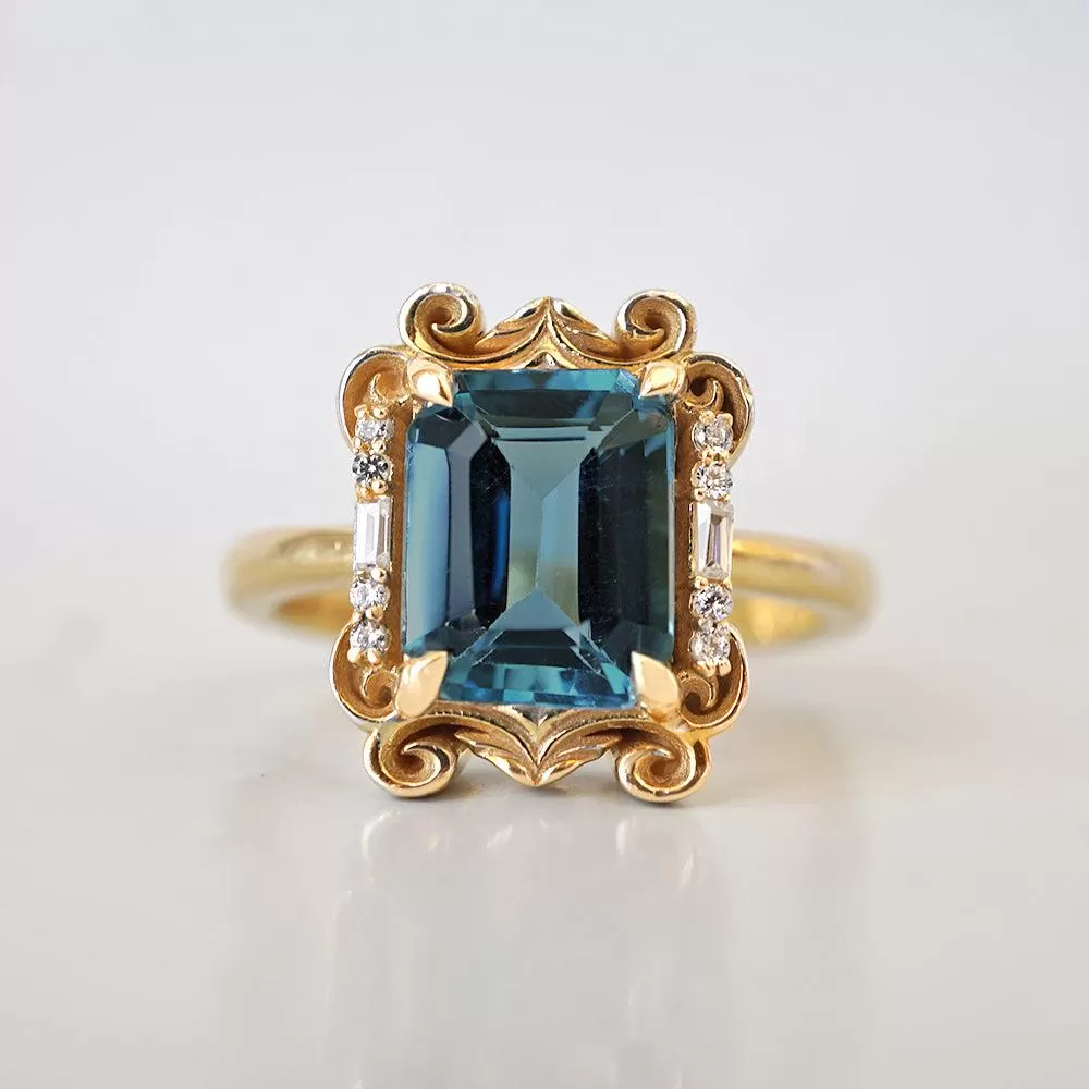 Isis London Blue Topaz Scroll Diamond Ring in 14K and 18K Gold