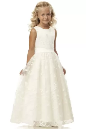 Ivory Flower Girl Dress Sleveless Jewel Neck Satin Little Girl Dress for Weddings with Lace Appliques