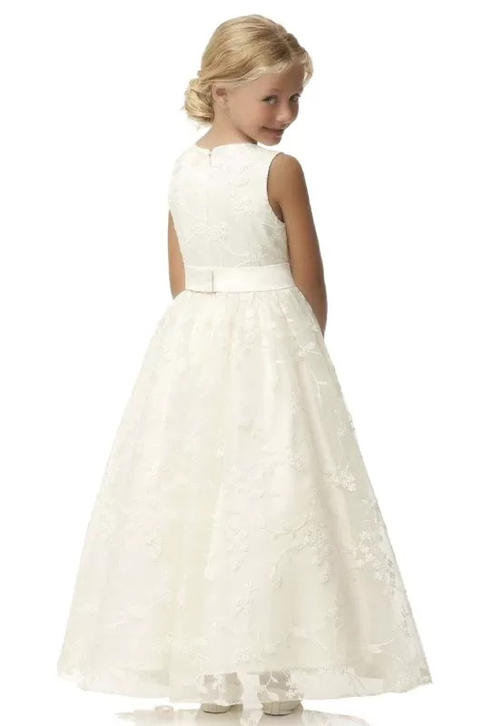 Ivory Flower Girl Dress Sleveless Jewel Neck Satin Little Girl Dress for Weddings with Lace Appliques