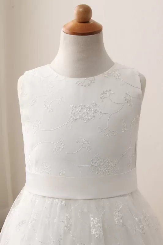 Ivory Flower Girl Dress Sleveless Jewel Neck Satin Little Girl Dress for Weddings with Lace Appliques