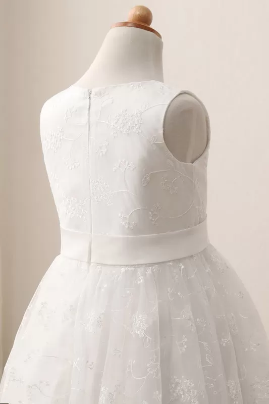 Ivory Flower Girl Dress Sleveless Jewel Neck Satin Little Girl Dress for Weddings with Lace Appliques