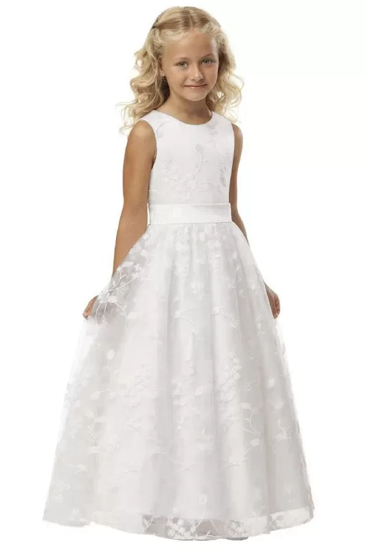 Ivory Flower Girl Dress Sleveless Jewel Neck Satin Little Girl Dress for Weddings with Lace Appliques