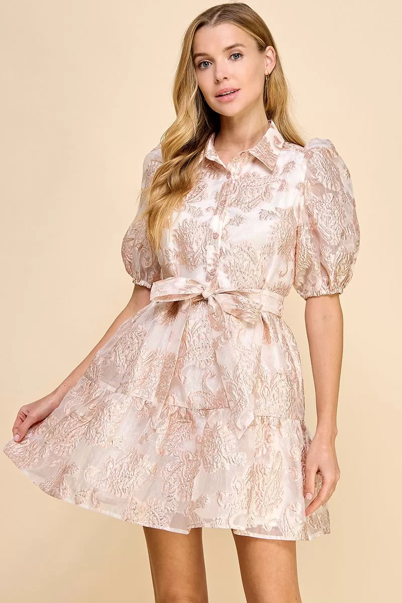 Jacquard Puff Sleeve Collared Dress