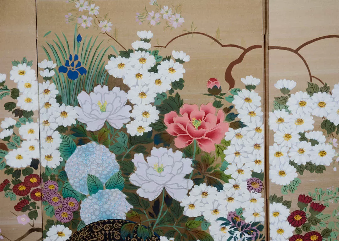 Japanese Four Panel Screen with Flower Cart