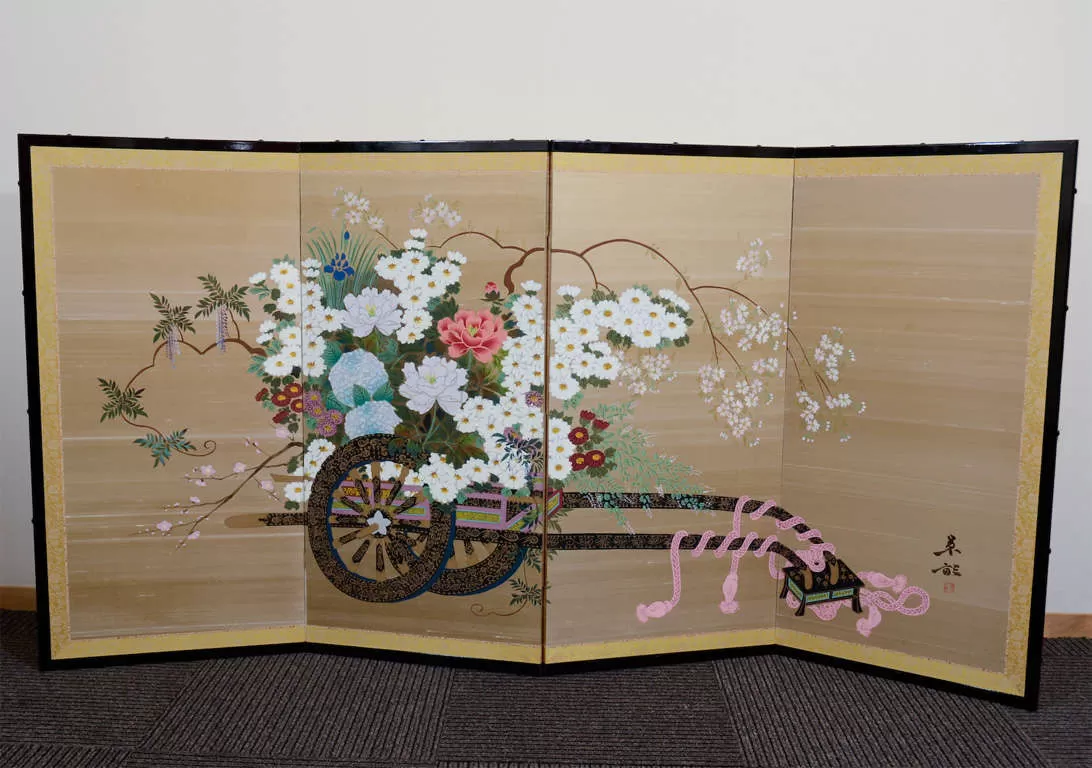 Japanese Four Panel Screen with Flower Cart