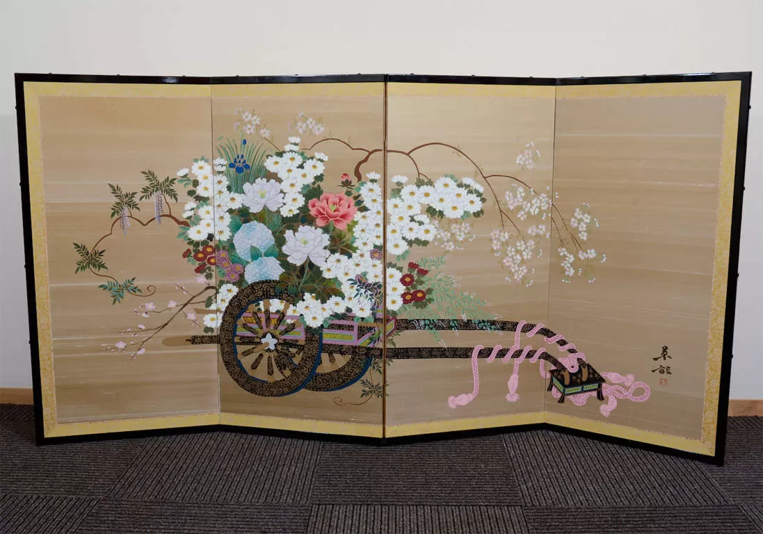 Japanese Four Panel Screen with Flower Cart