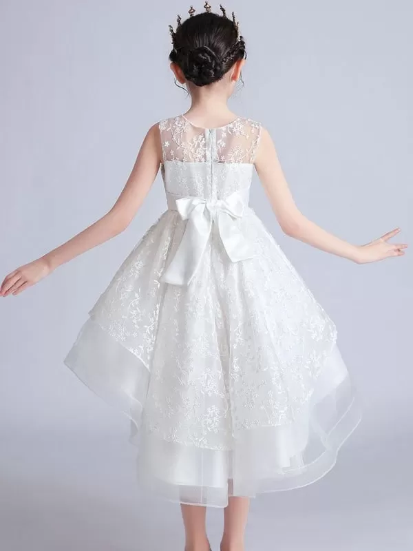 Jewel Neck Sleeveless Embroidered Kids Party Dresses Hi-Lo Flower Girl Dresses