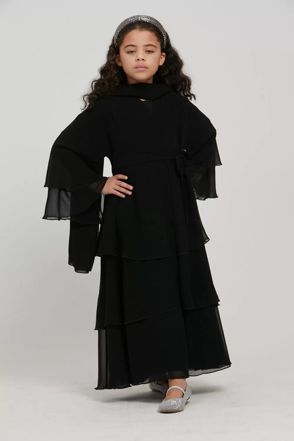 Junior Girls Chiffon Layered Open Abaya - Black