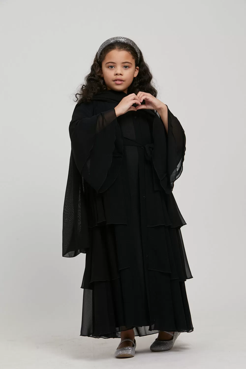 Junior Girls Chiffon Layered Open Abaya - Black