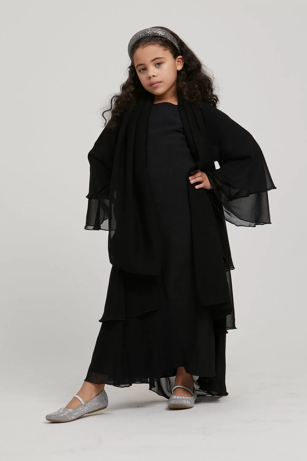 Junior Girls Chiffon Layered Open Abaya - Black