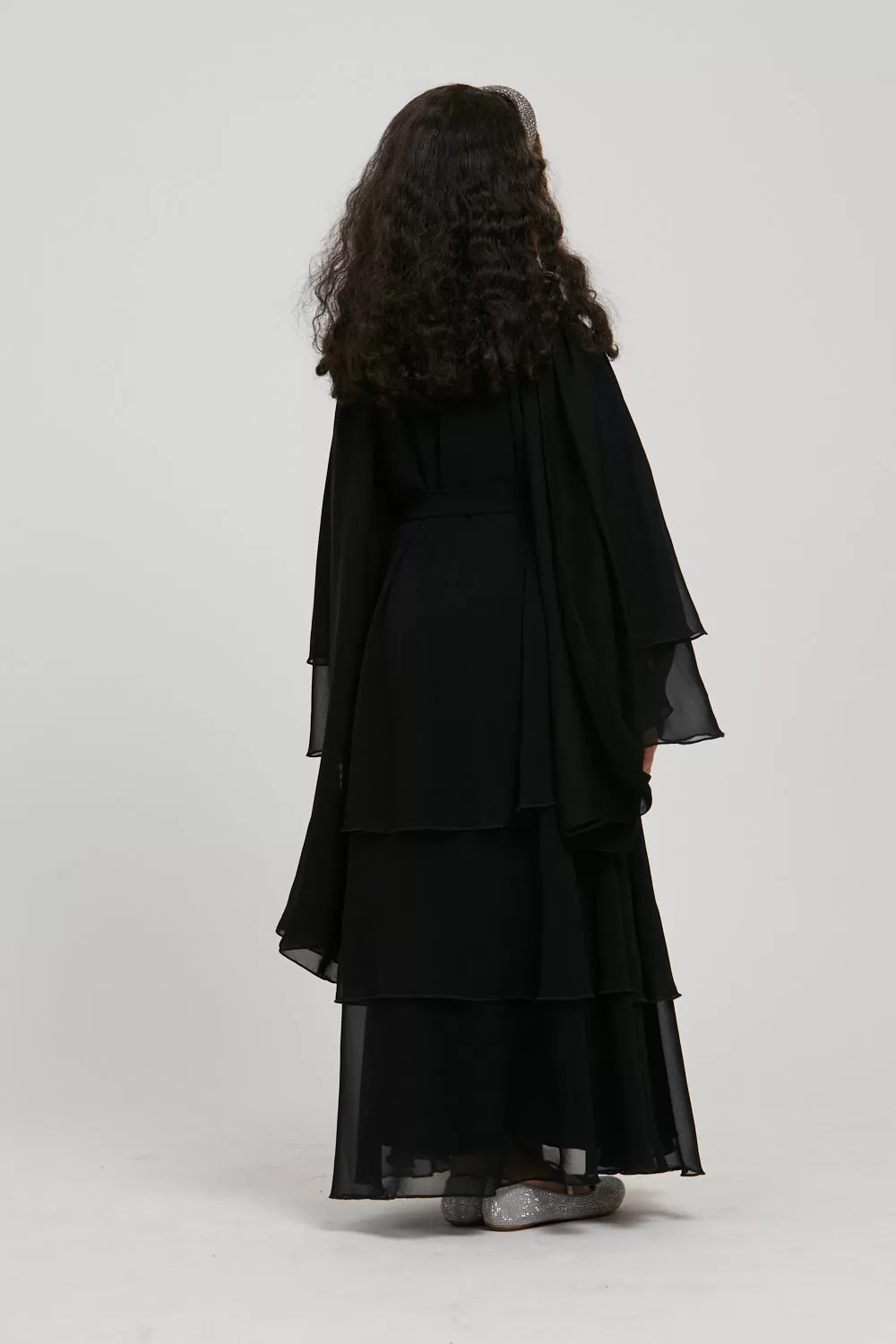 Junior Girls Chiffon Layered Open Abaya - Black