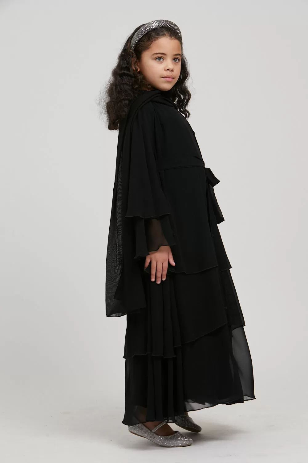 Junior Girls Chiffon Layered Open Abaya - Black