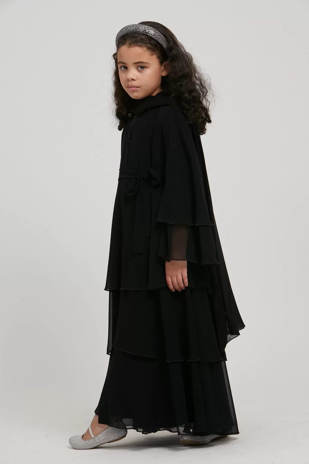 Junior Girls Chiffon Layered Open Abaya - Black